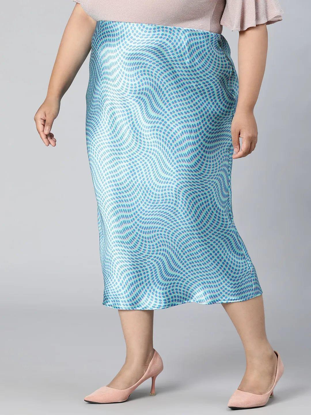 Crisp Blue Printed Elasticated Plus Size Long Satin Skirt - oxolloxo