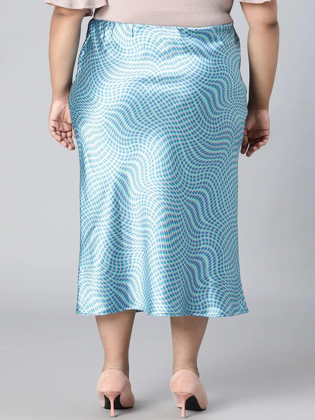 Crisp Blue Printed Elasticated Plus Size Long Satin Skirt - oxolloxo