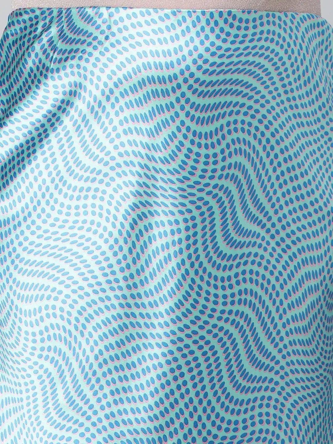 Crisp Blue Printed Elasticated Plus Size Long Satin Skirt - oxolloxo