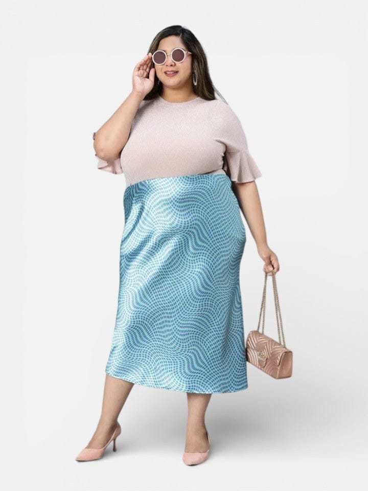 Plus Size Blue Printed Polyester Skirt