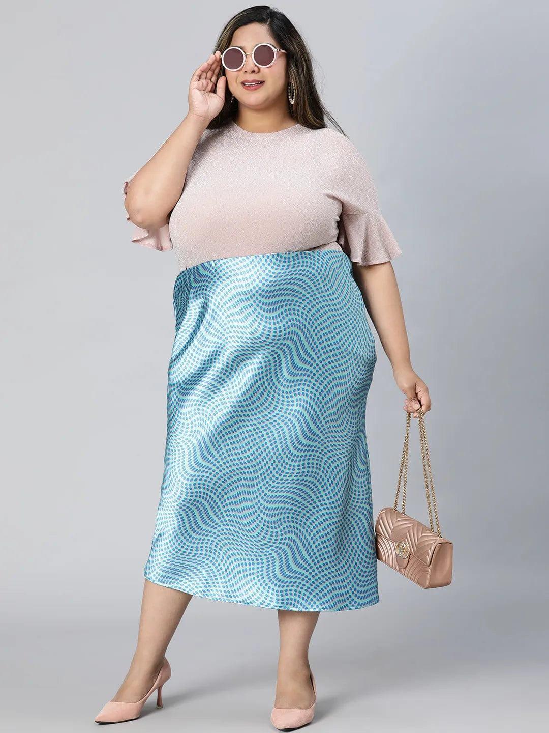 Crisp Blue Printed Elasticated Plus Size Long Satin Skirt - oxolloxo