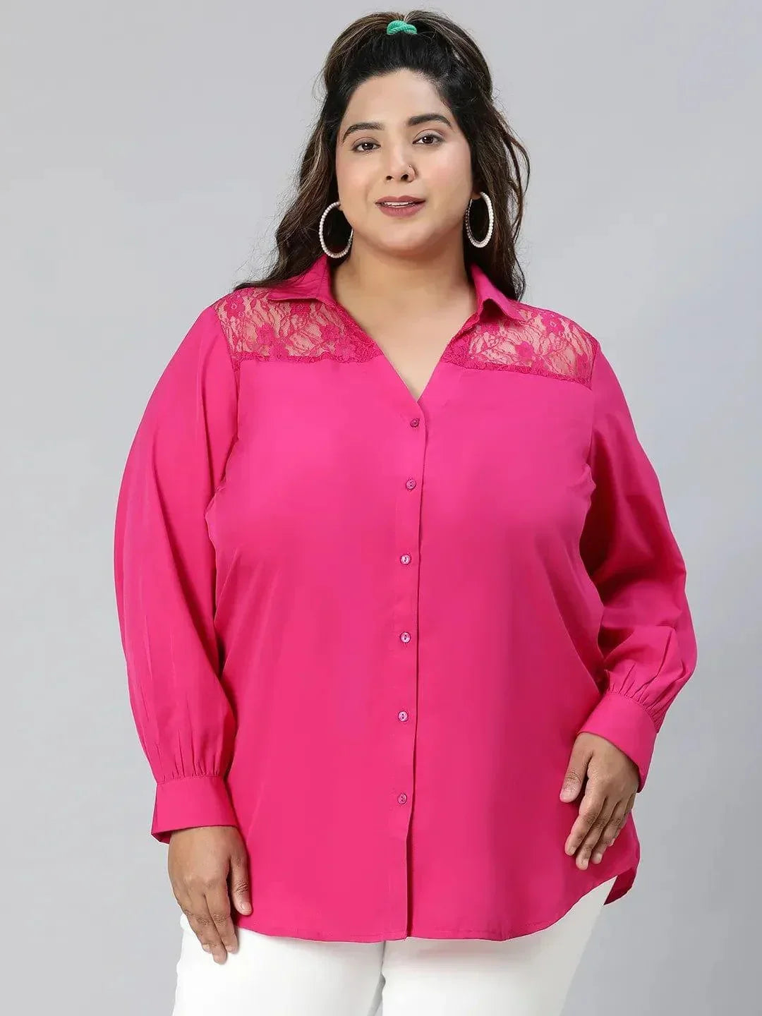 Plum Pink Lace Detail Long Sleeve Plus Size Shirt - oxolloxo