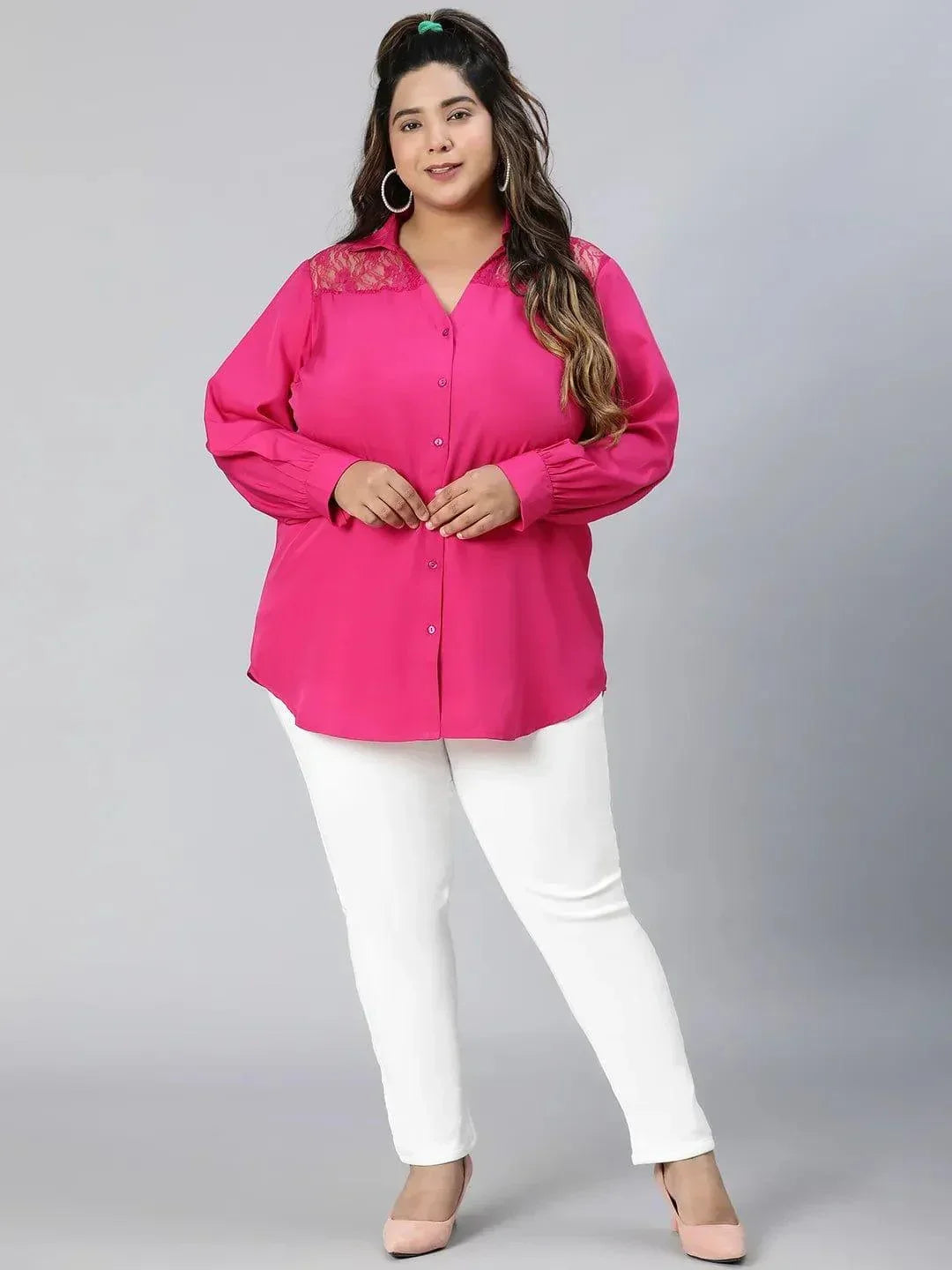 Plum Pink Lace Detail Long Sleeve Plus Size Shirt - oxolloxo