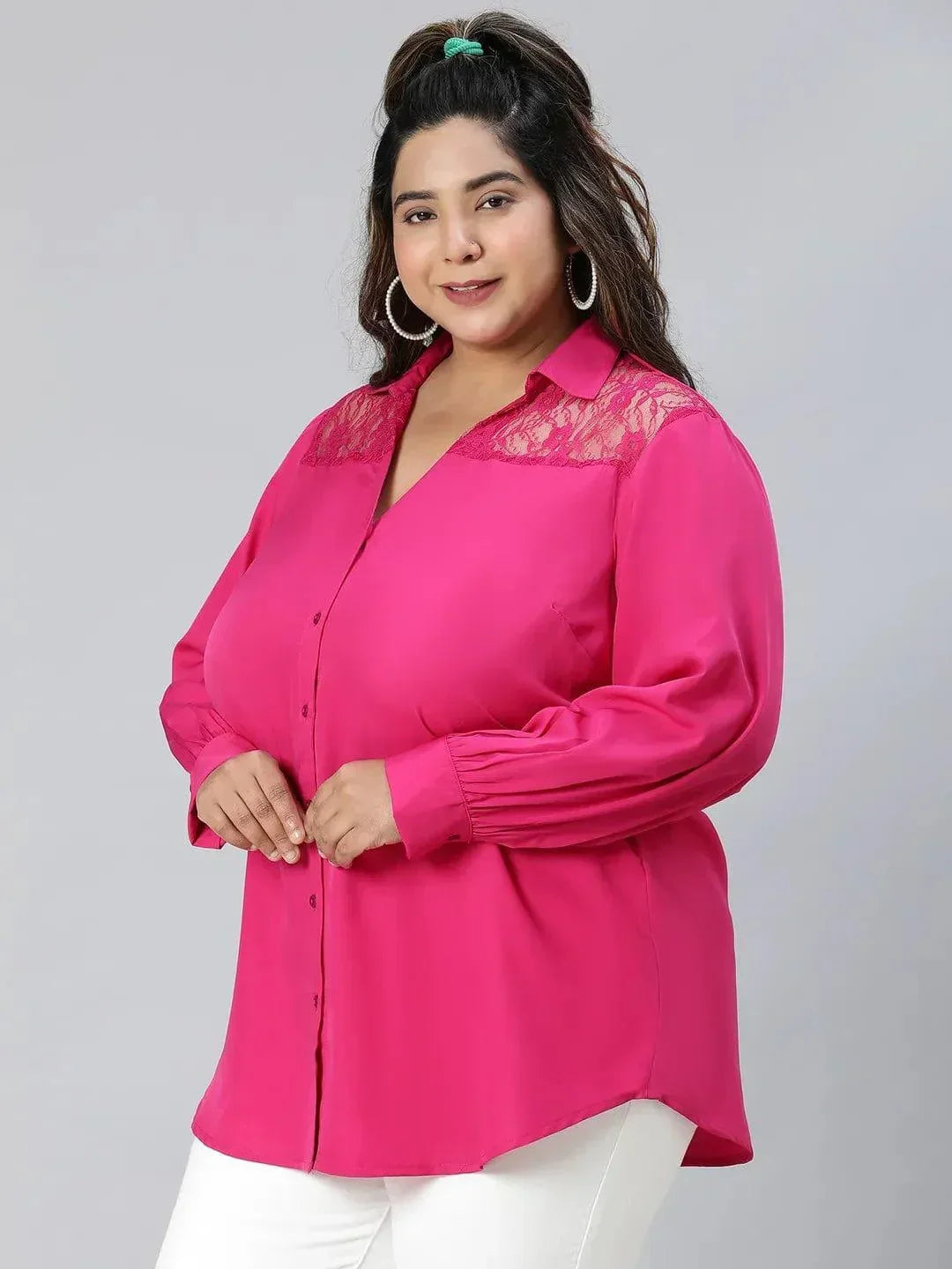 Plum Pink Lace Detail Long Sleeve Plus Size Shirt - oxolloxo