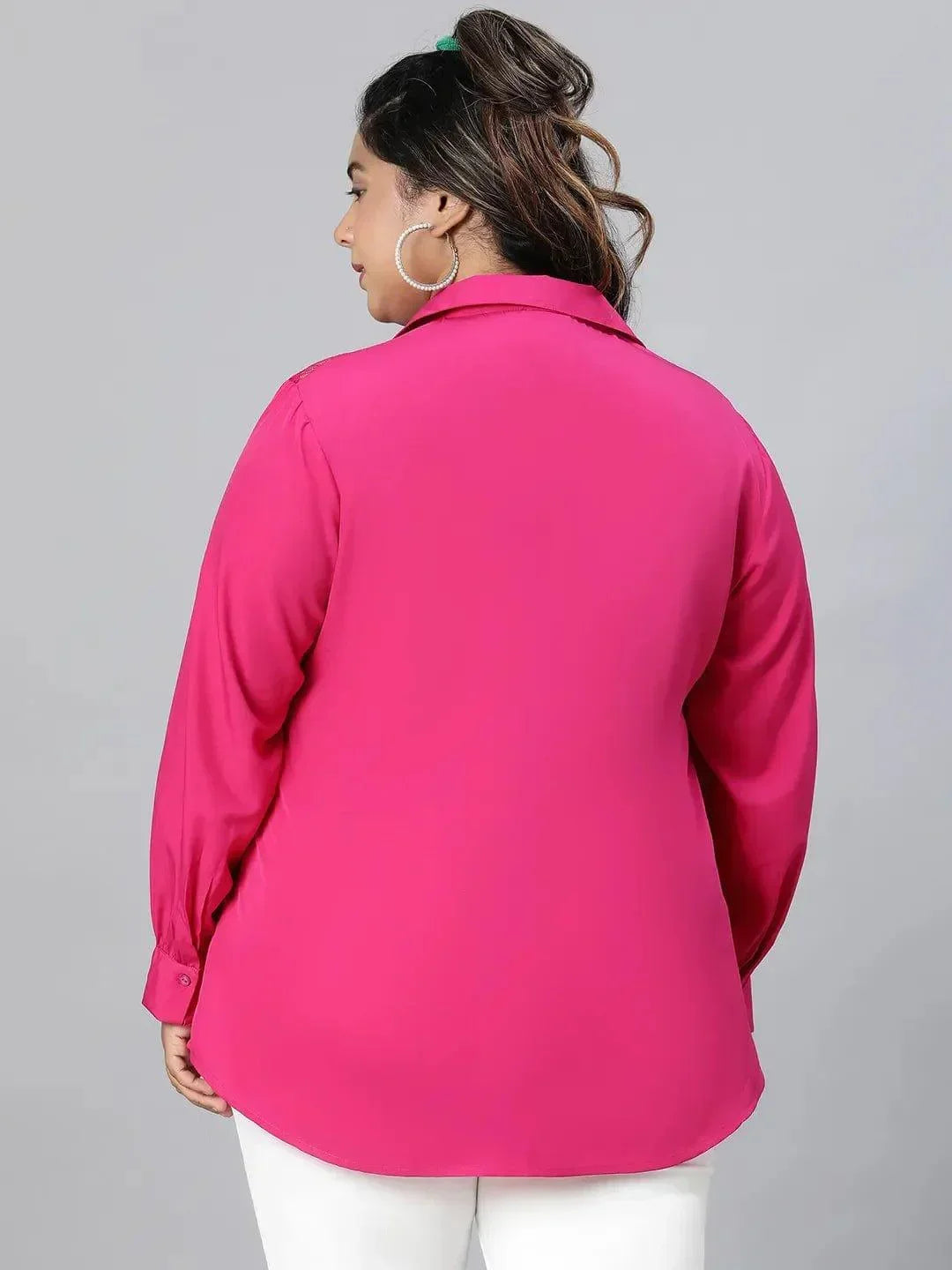 Plum Pink Lace Detail Long Sleeve Plus Size Shirt - oxolloxo