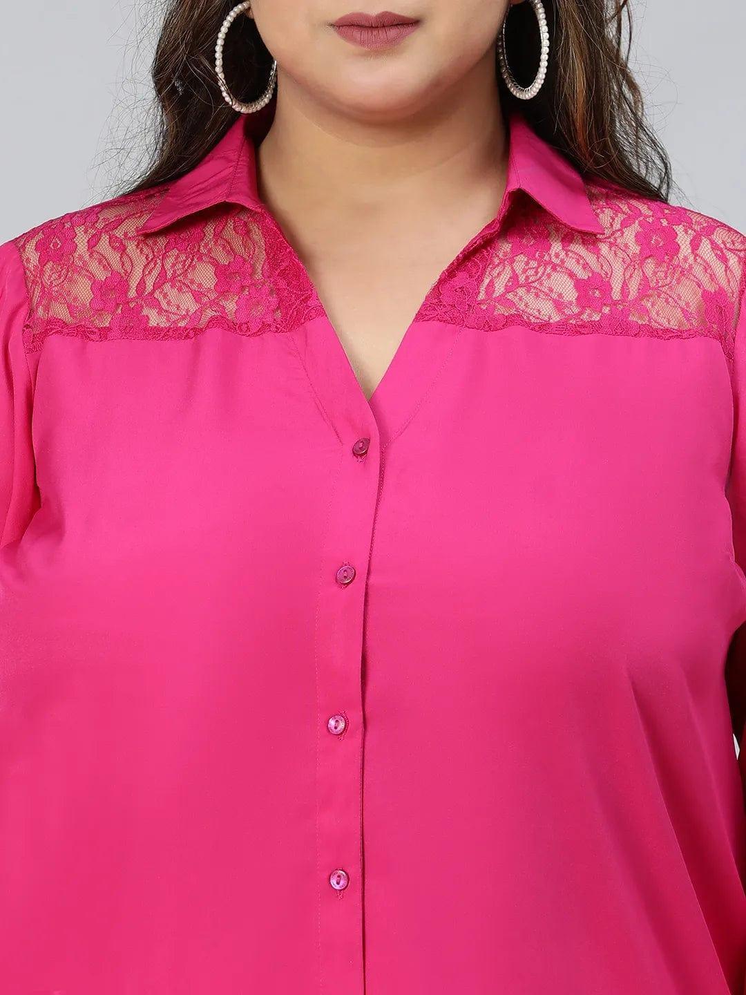 Plum Pink Lace Detail Long Sleeve Plus Size Shirt - oxolloxo