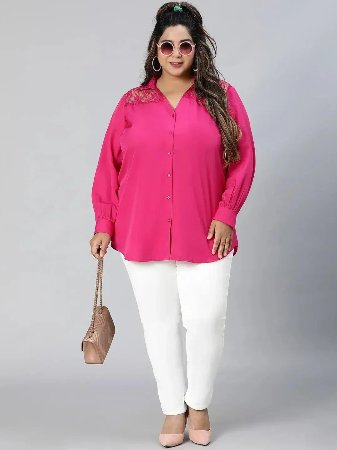 Plum Pink Lace Detail Long Sleeve Plus Size Shirt - oxolloxo