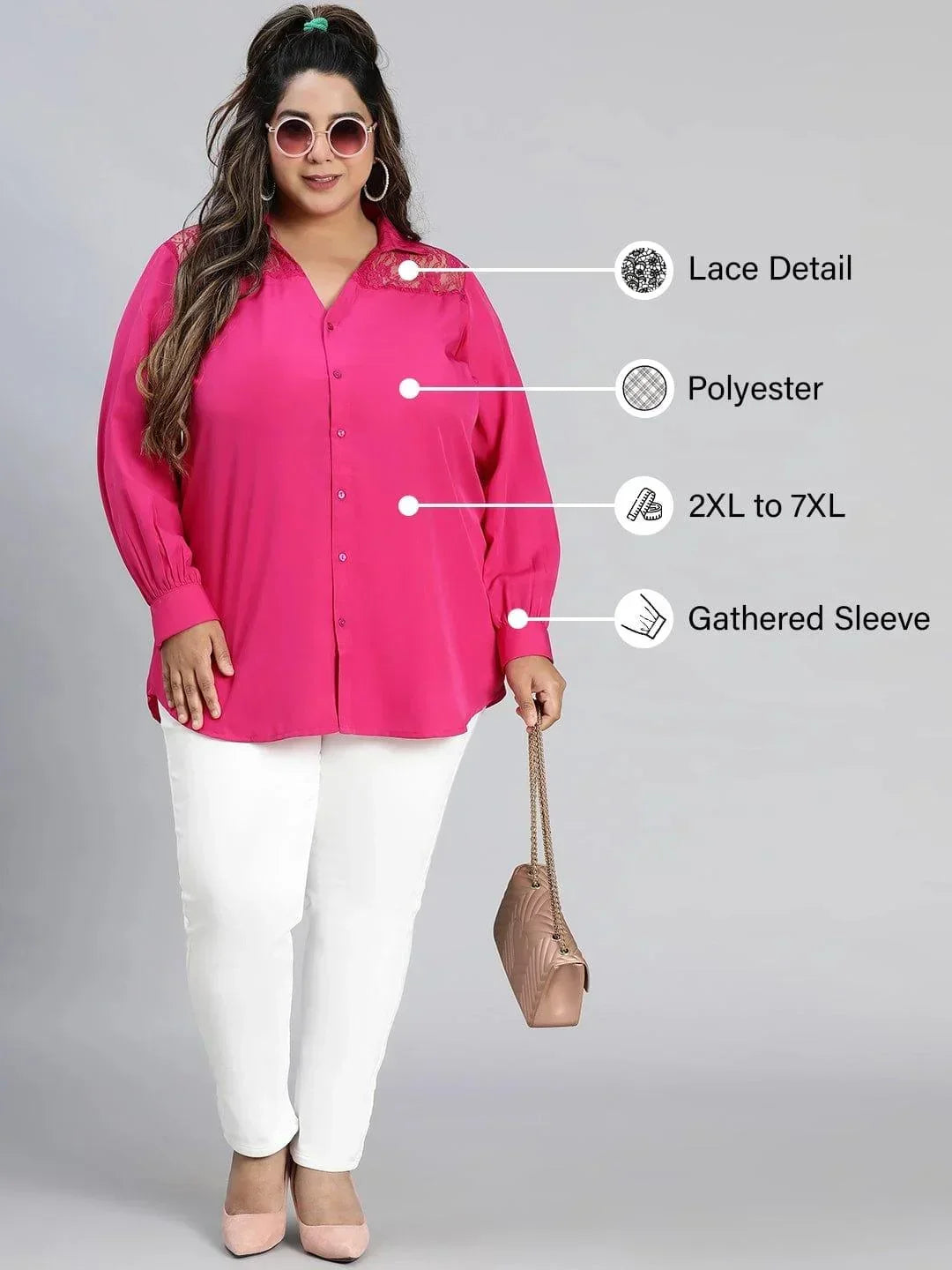 Plum Pink Lace Detail Long Sleeve Plus Size Shirt - oxolloxo