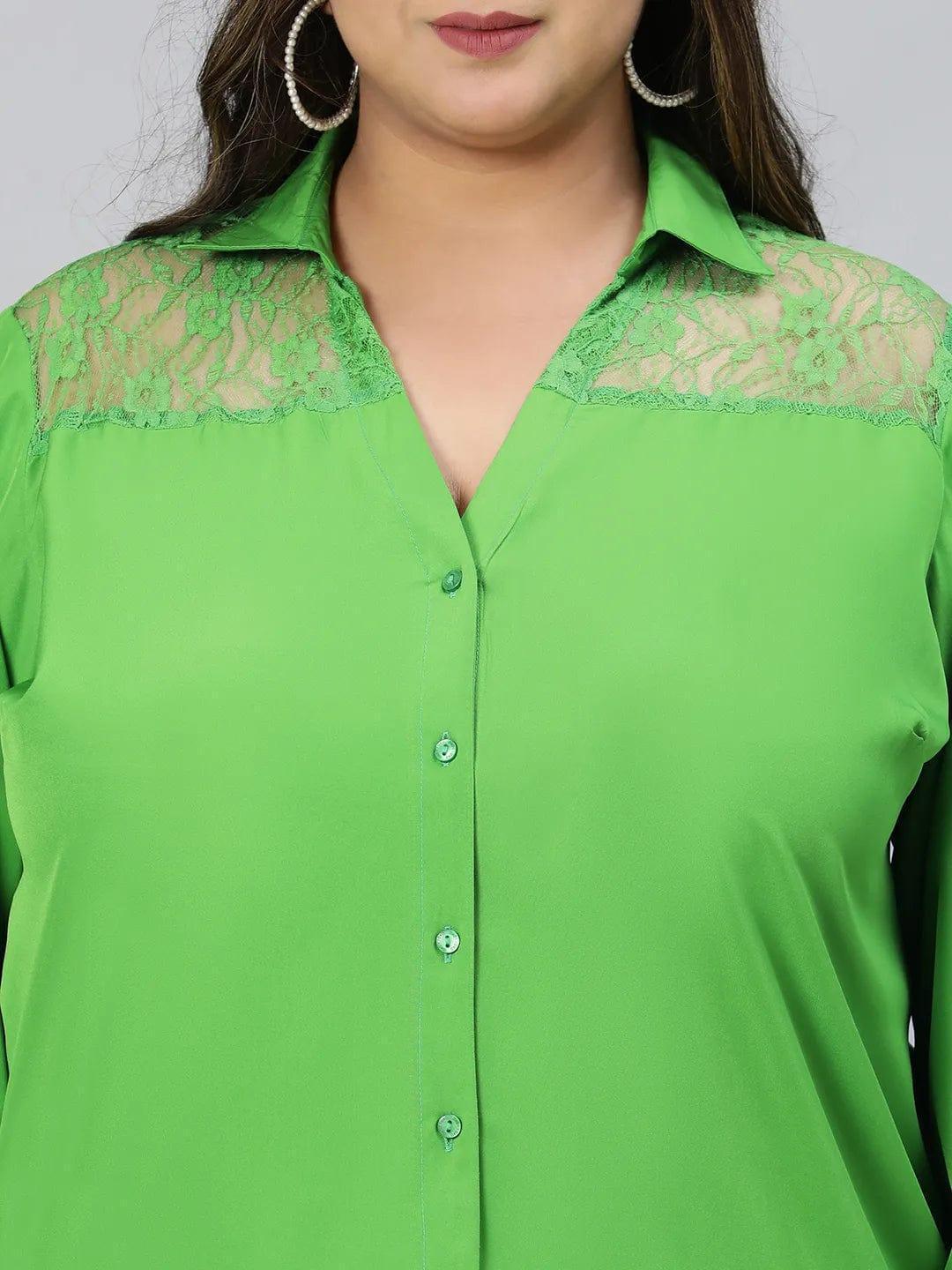 Embraced Green Lace Detail Long Sleeve Plus Size Shirt - oxolloxo