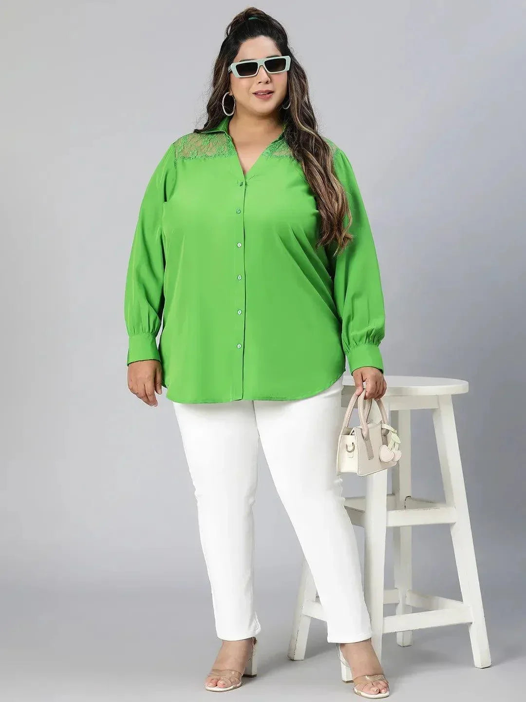 Embraced Green Lace Detail Long Sleeve Plus Size Shirt - oxolloxo
