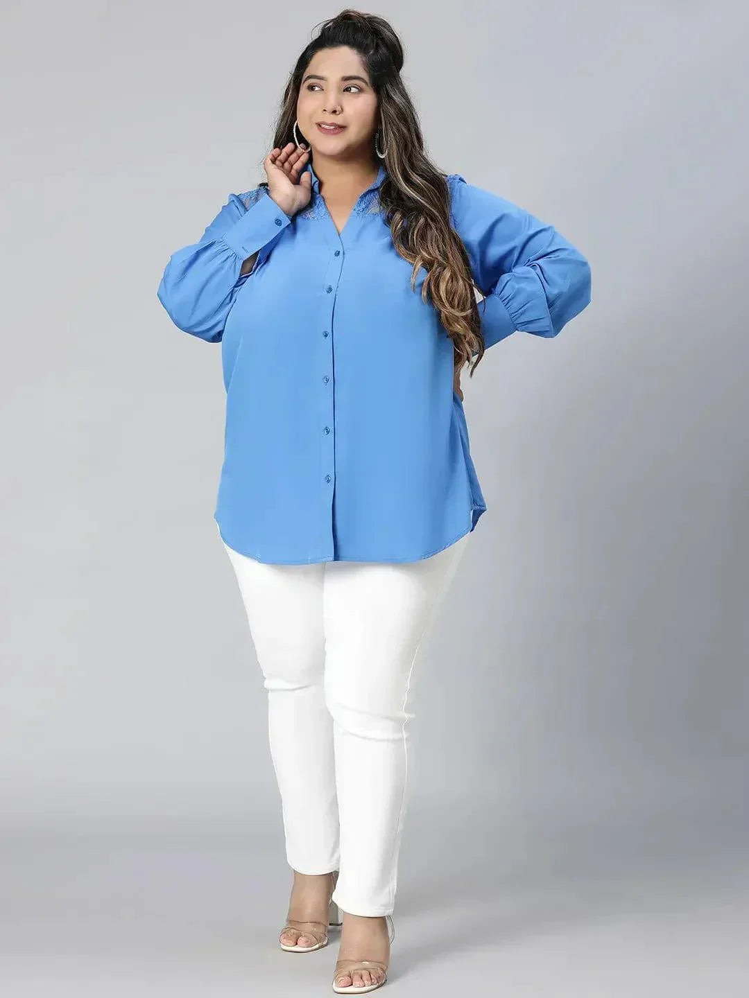 Elevated Blue Lace Detail Long Sleeve Plus Size Shirt - oxolloxo