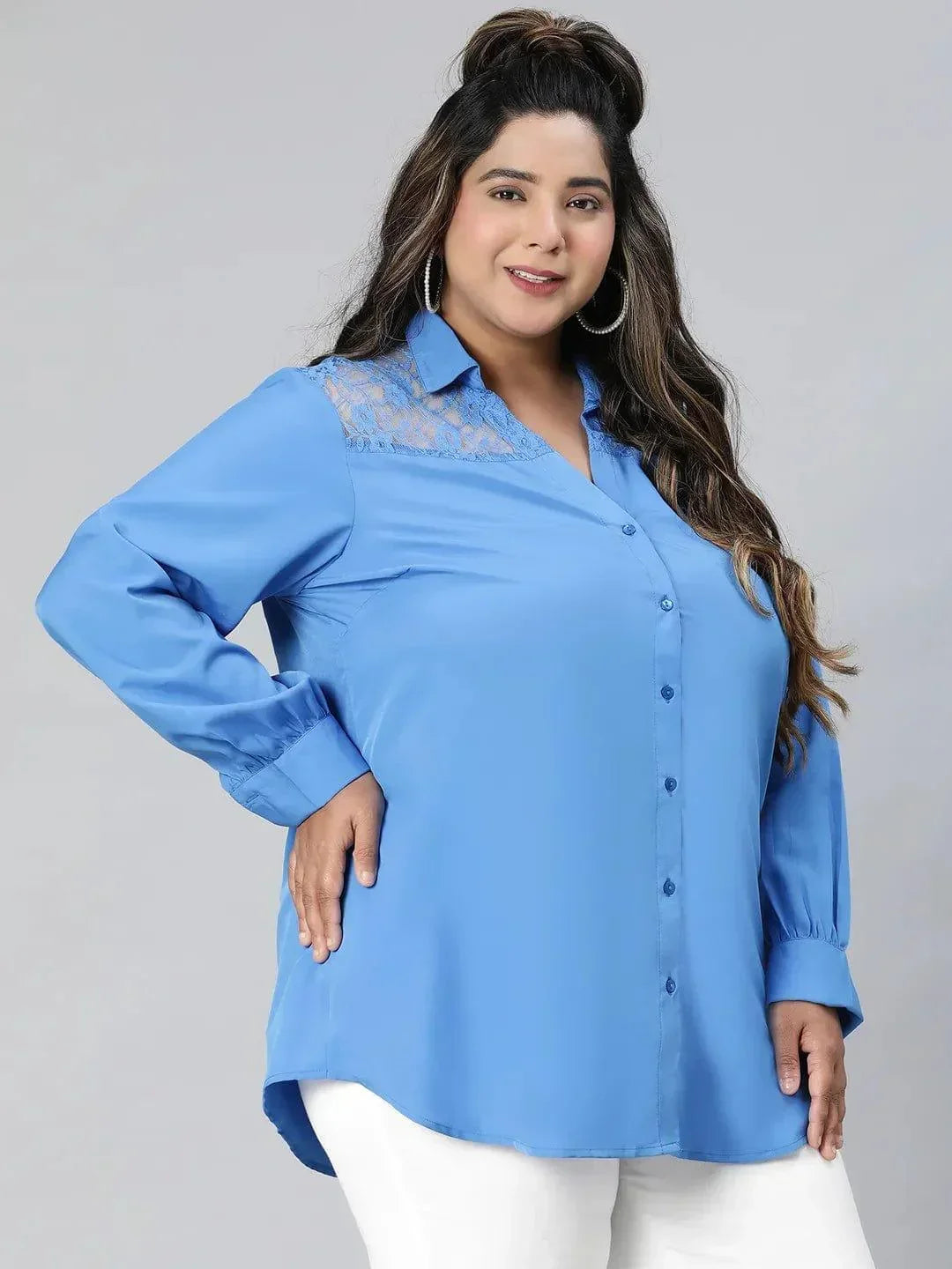 Elevated Blue Lace Detail Long Sleeve Plus Size Shirt - oxolloxo