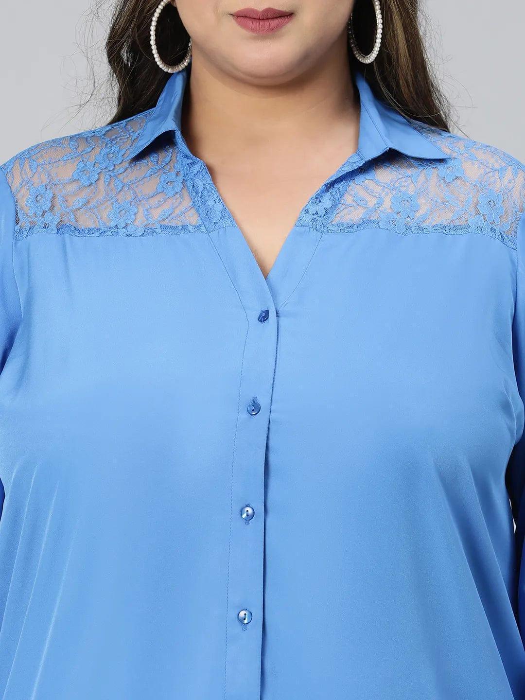 Elevated Blue Lace Detail Long Sleeve Plus Size Shirt - oxolloxo