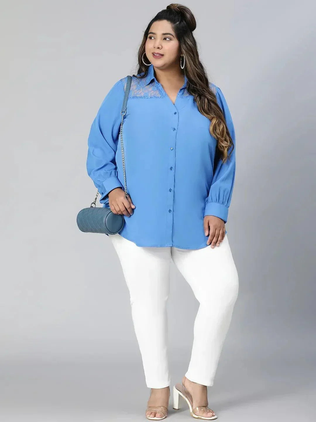 Elevated Blue Lace Detail Long Sleeve Plus Size Shirt - oxolloxo