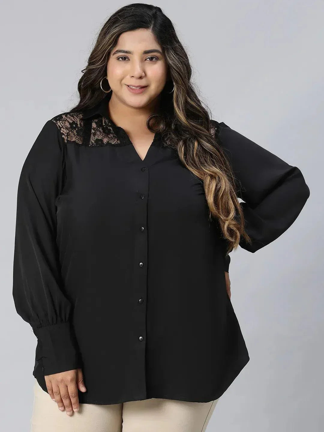 Black Lace Detailed Collared Long Sleeve Plus Size Shirt - oxolloxo