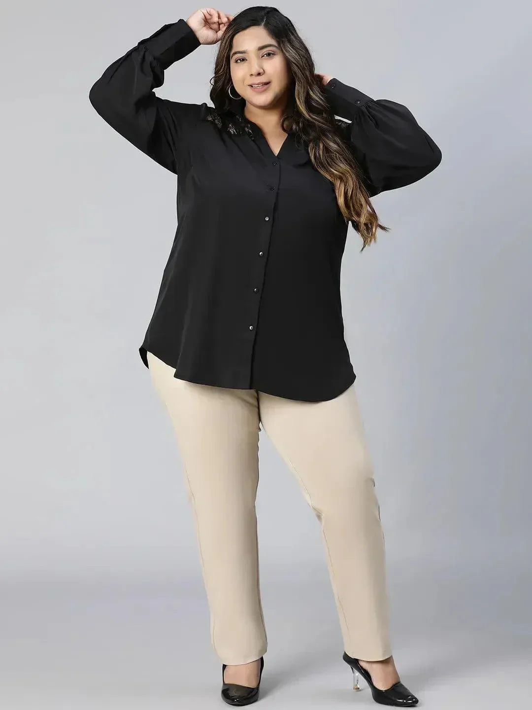 Black Lace Detailed Collared Long Sleeve Plus Size Shirt - oxolloxo