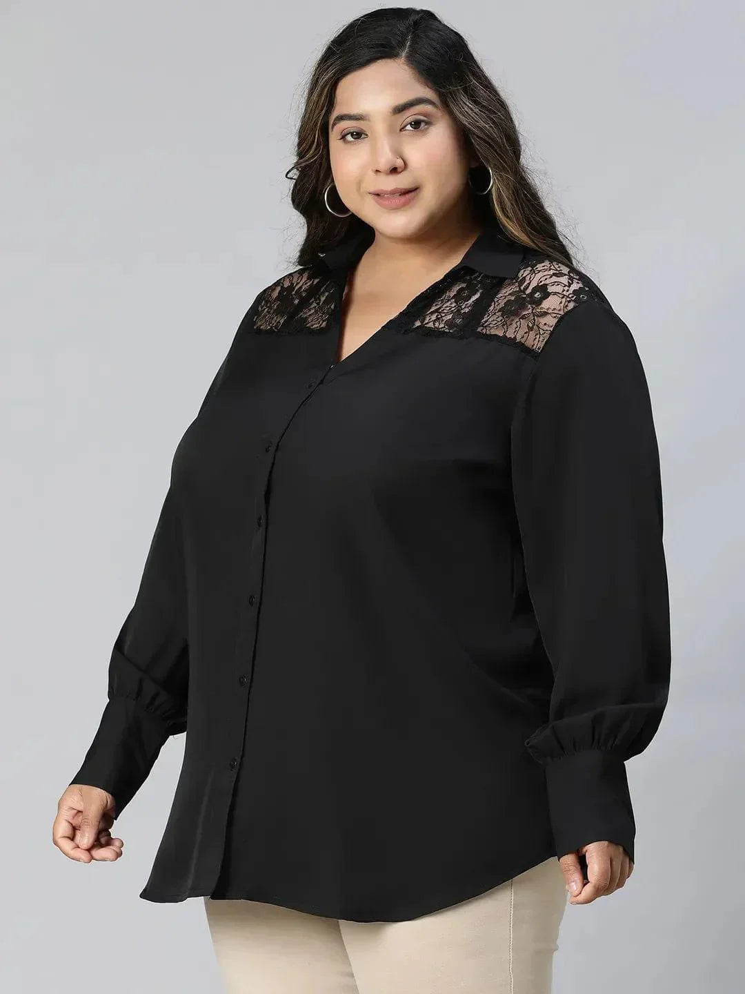Black Lace Detailed Collared Long Sleeve Plus Size Shirt - oxolloxo