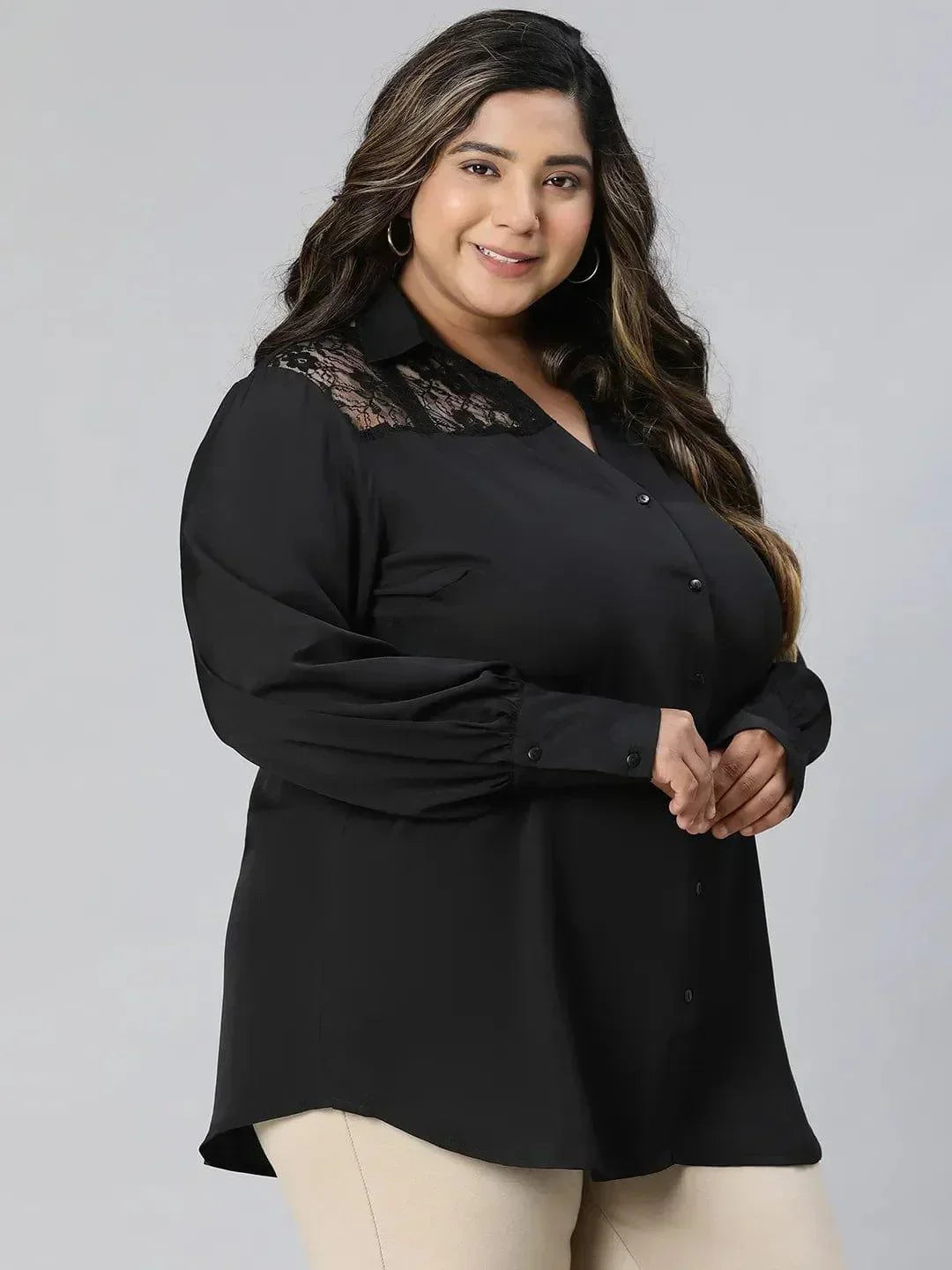 Black Lace Detailed Collared Long Sleeve Plus Size Shirt - oxolloxo