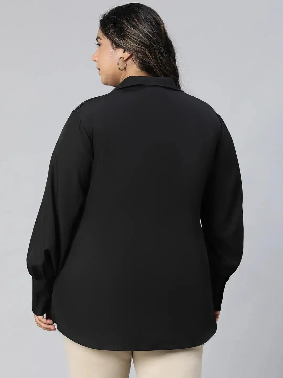 Black Lace Detailed Collared Long Sleeve Plus Size Shirt - oxolloxo