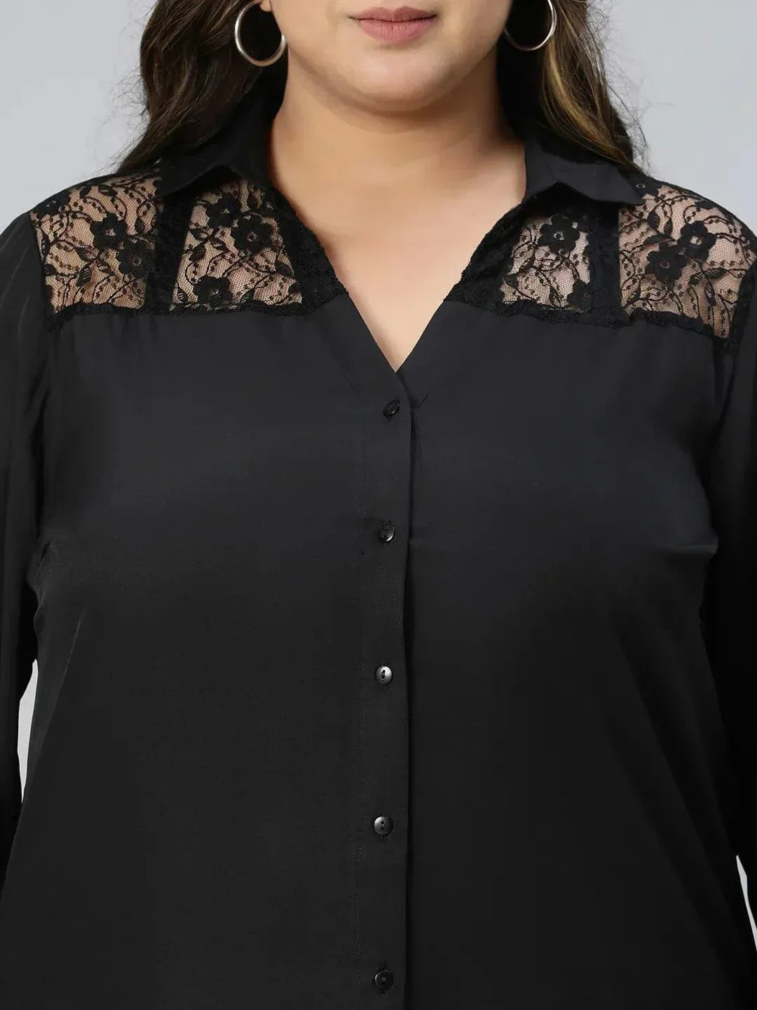 Black Lace Detailed Collared Long Sleeve Plus Size Shirt - oxolloxo