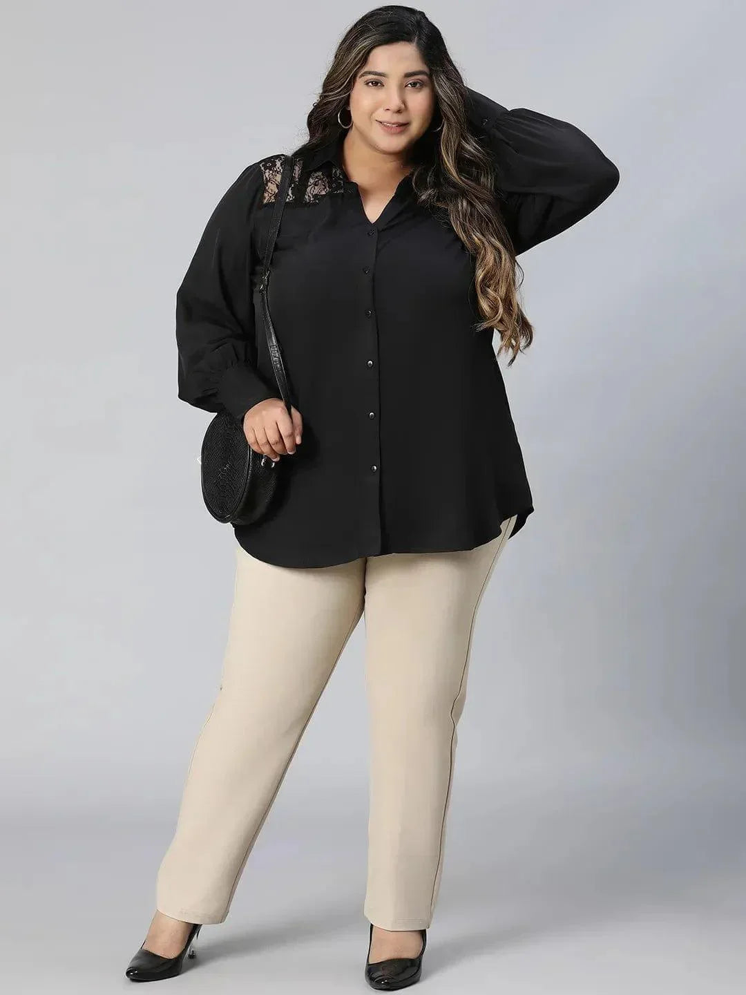 Black Lace Detailed Collared Long Sleeve Plus Size Shirt - oxolloxo