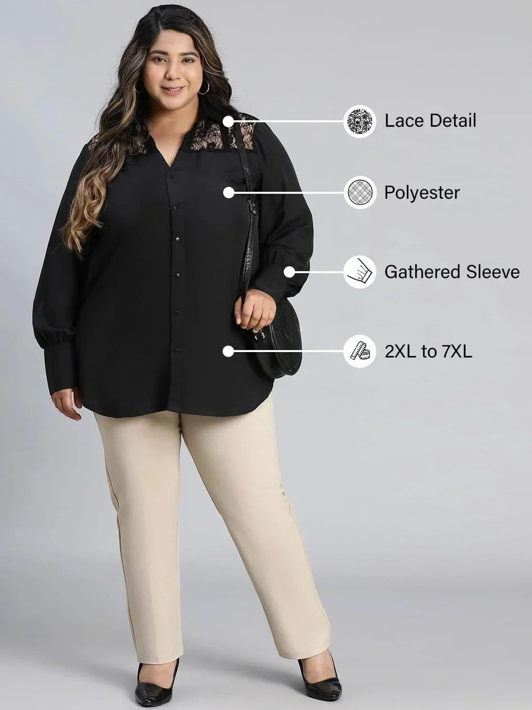 Black Lace Detailed Collared Long Sleeve Plus Size Shirt - oxolloxo