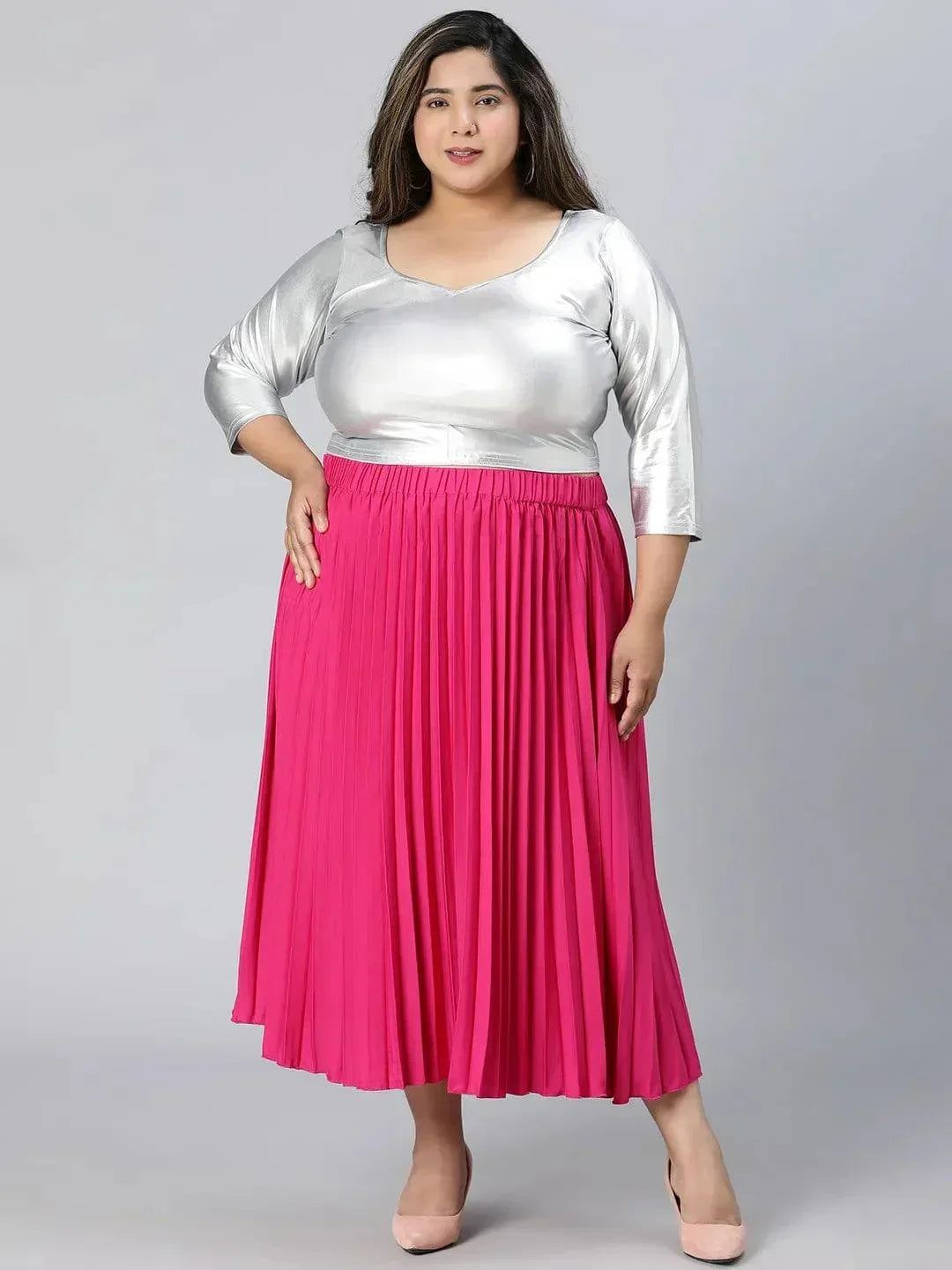 Starlight Pink Elasticated Pleated Plus Size Skirt - oxolloxo