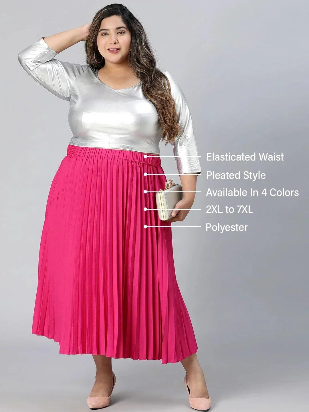 Starlight Pink Elasticated Pleated Plus Size Skirt - oxolloxo