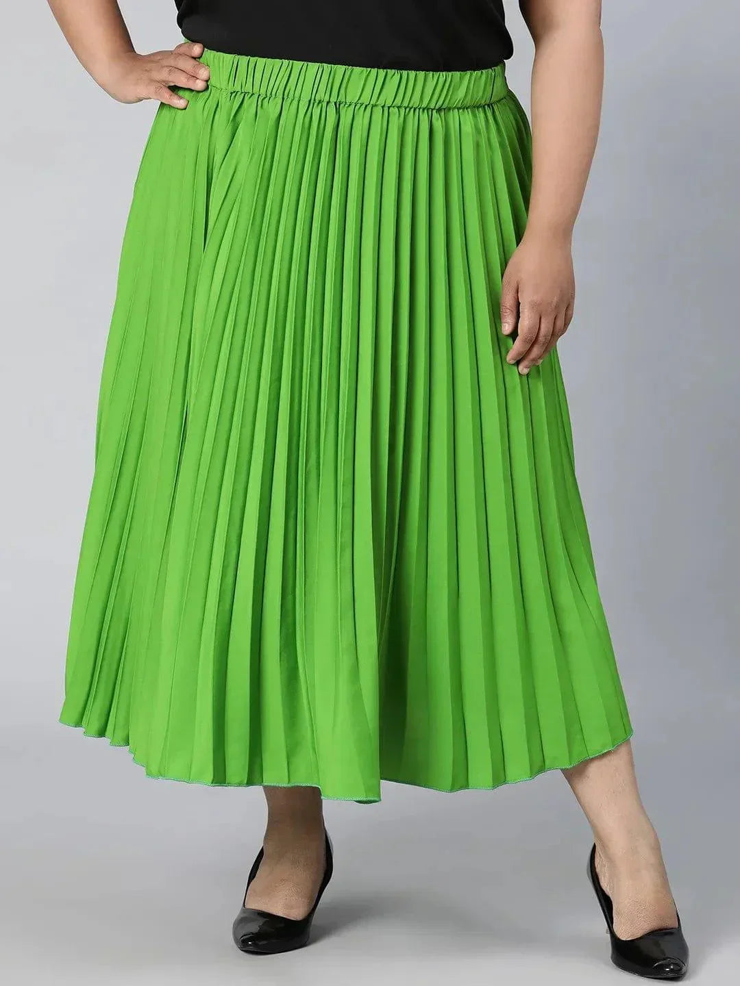 Starry Green Elasticated Pleated Plus Size Skirt - oxolloxo