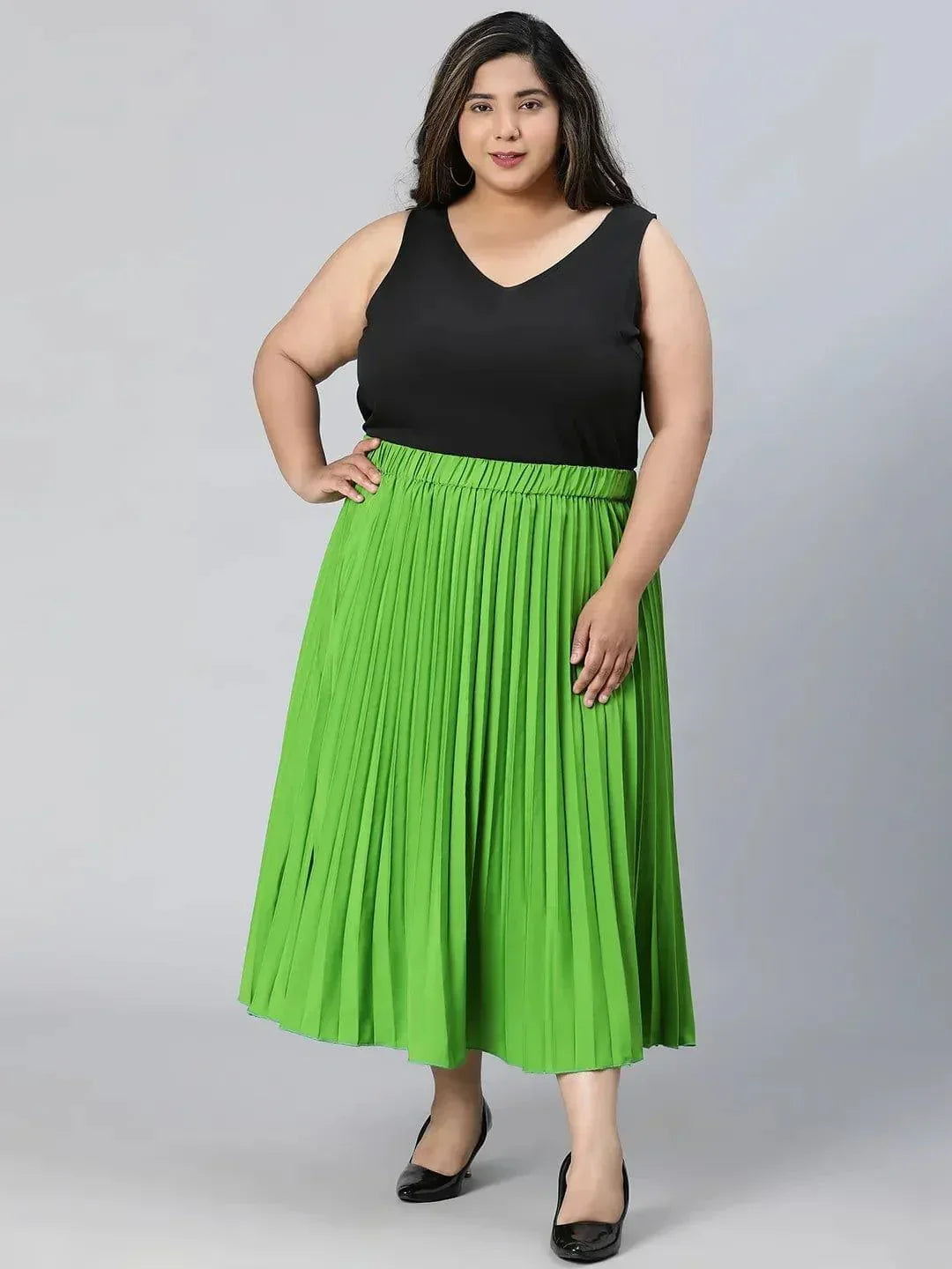 Starry Green Elasticated Pleated Plus Size Skirt - oxolloxo