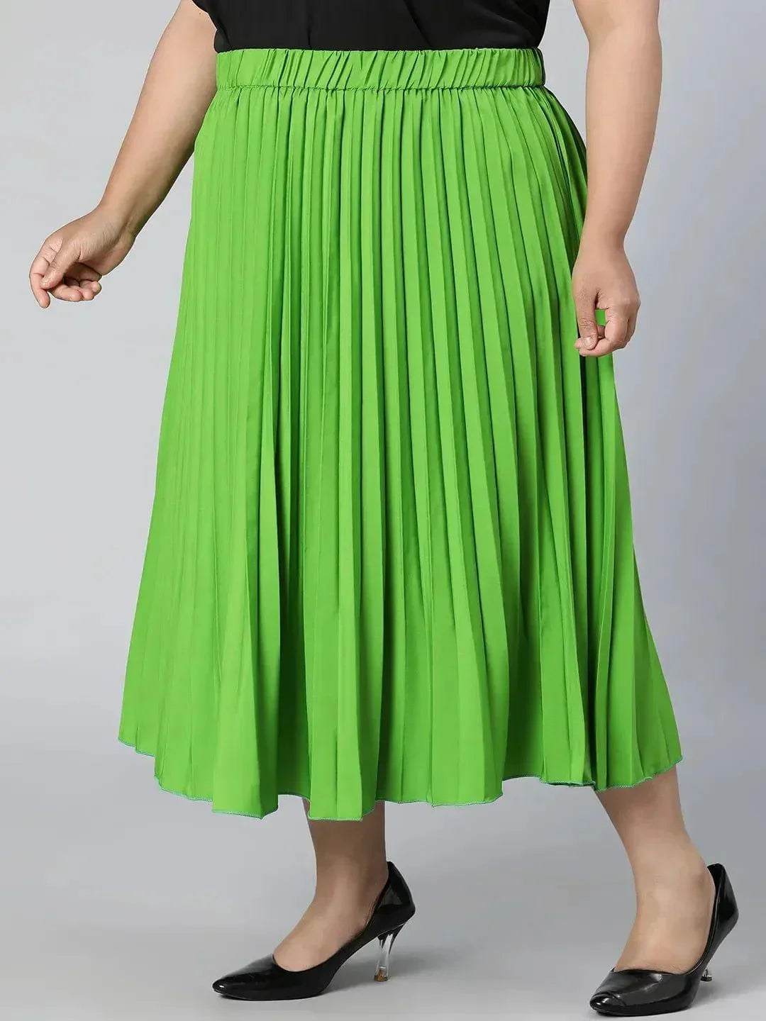 Starry Green Elasticated Pleated Plus Size Skirt - oxolloxo
