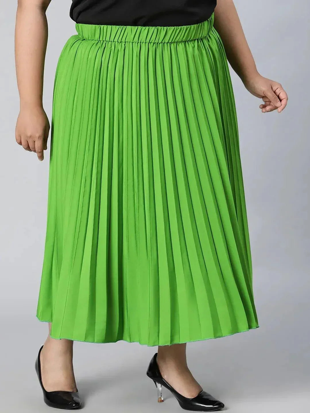 Starry Green Elasticated Pleated Plus Size Skirt - oxolloxo
