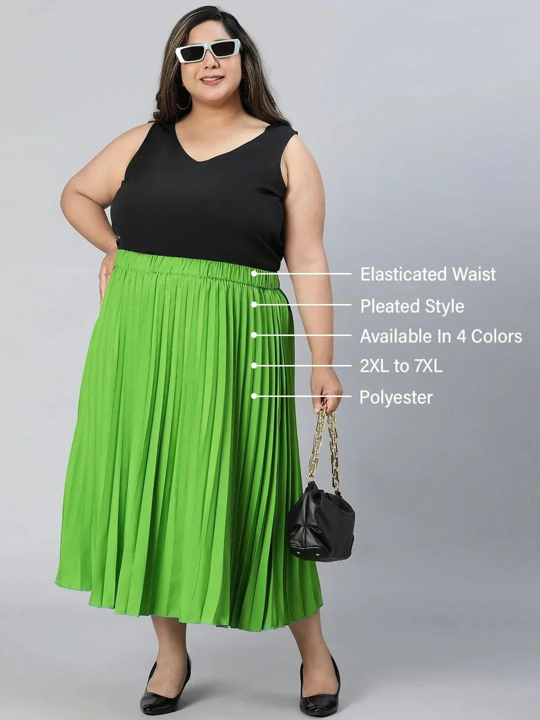 Starry Green Elasticated Pleated Plus Size Skirt - oxolloxo