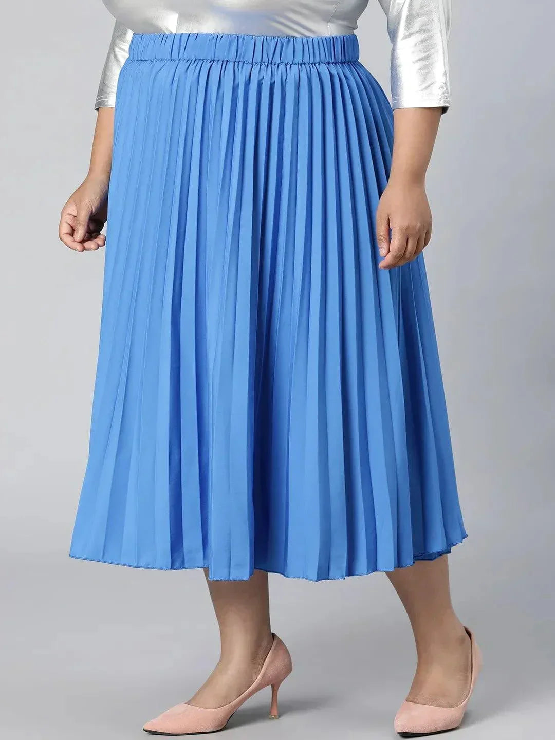 Light Up Blue Elasticated Pleated Plus Size Skirt - oxolloxo