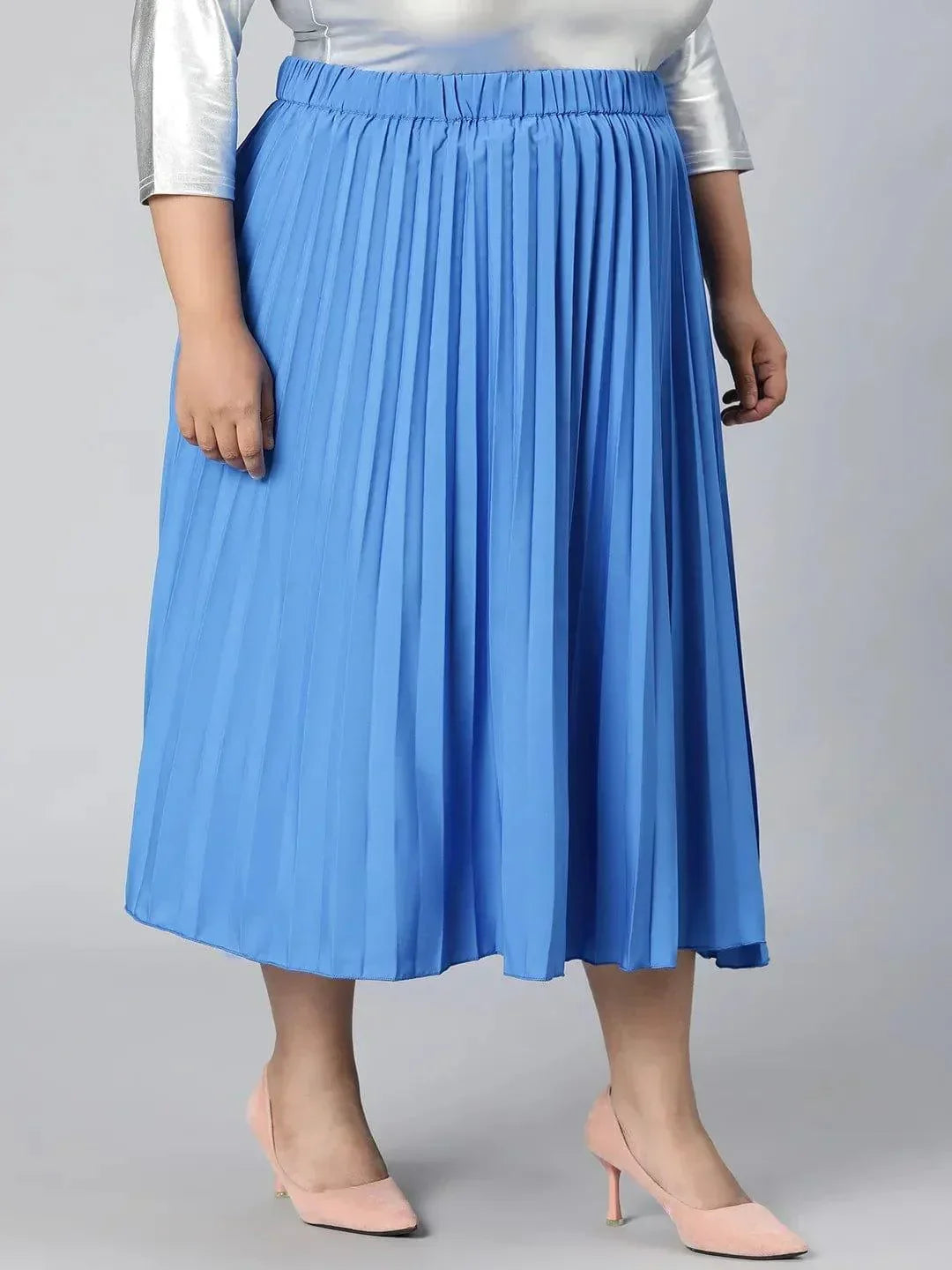 Light Up Blue Elasticated Pleated Plus Size Skirt - oxolloxo