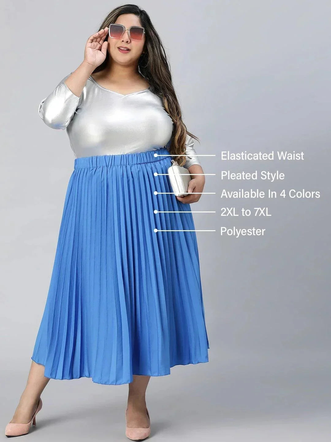 Light Up Blue Elasticated Pleated Plus Size Skirt - oxolloxo
