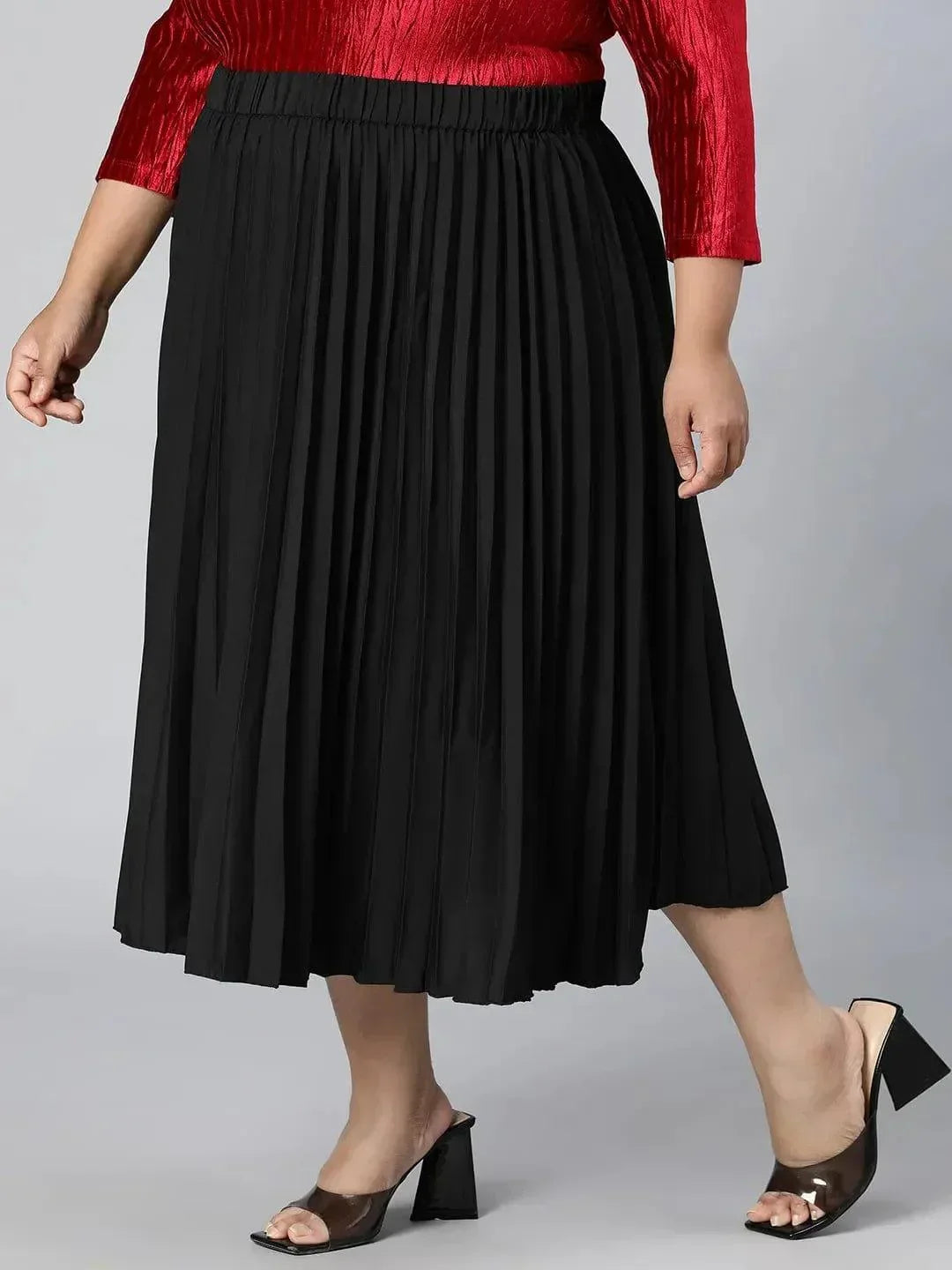 Romantic Black Elasticated Pleated Plus Size Skirt - oxolloxo