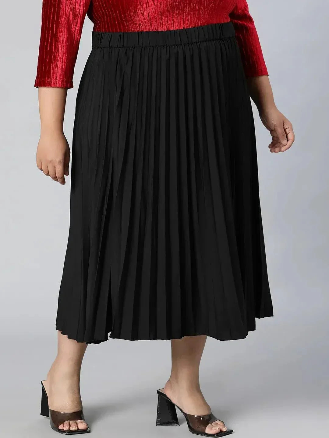 Romantic Black Elasticated Pleated Plus Size Skirt - oxolloxo