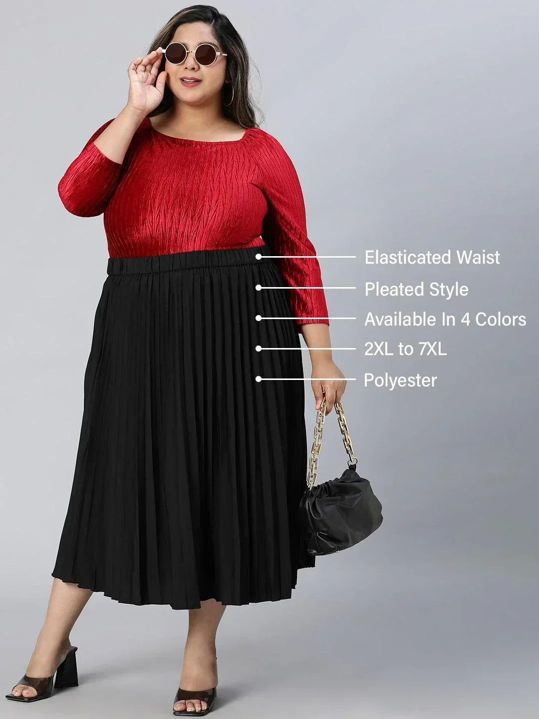 Romantic Black Elasticated Pleated Plus Size Skirt - oxolloxo