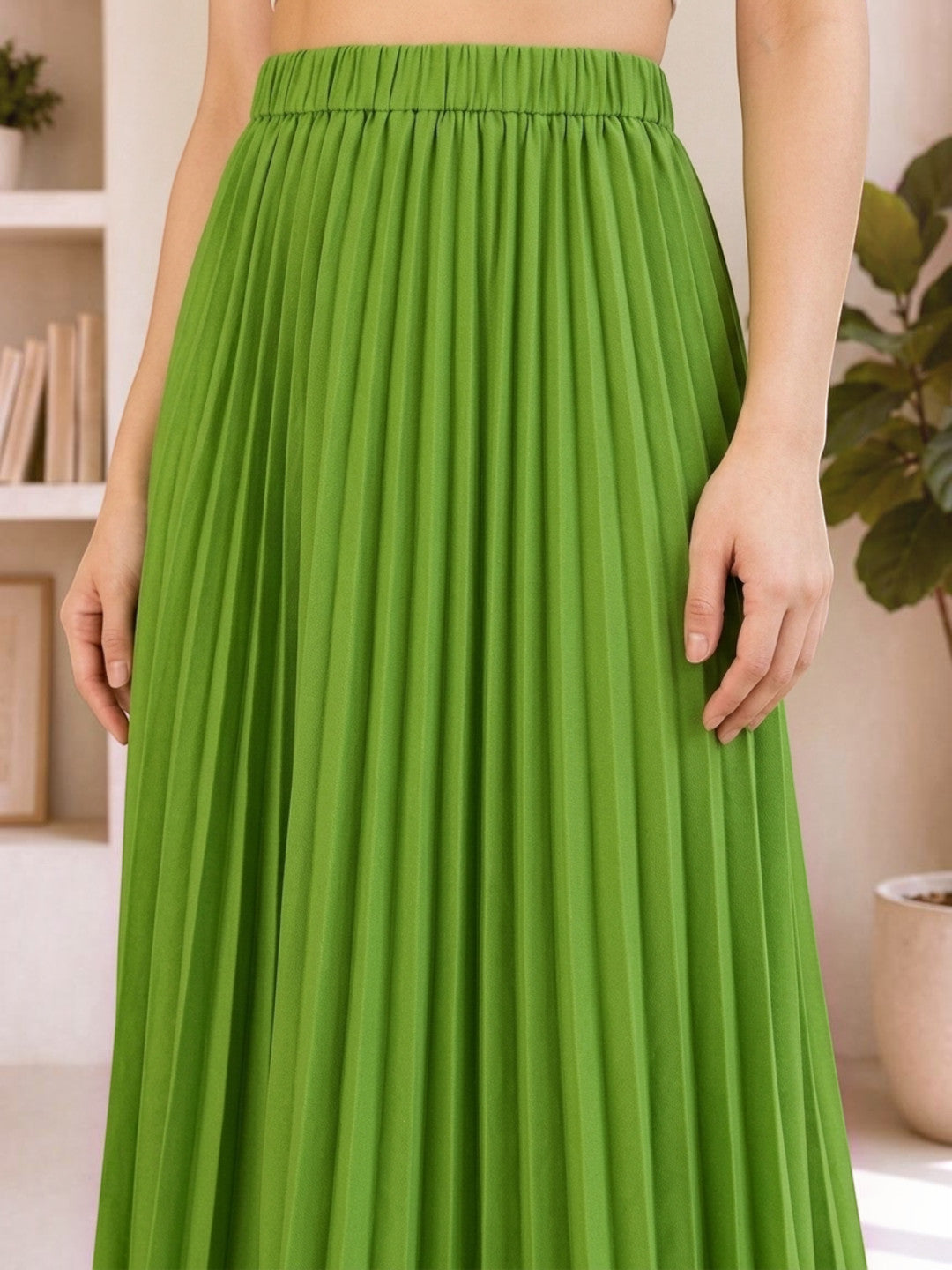 Green pleated maxi skirt for women, stylish and comfortable fashion wear