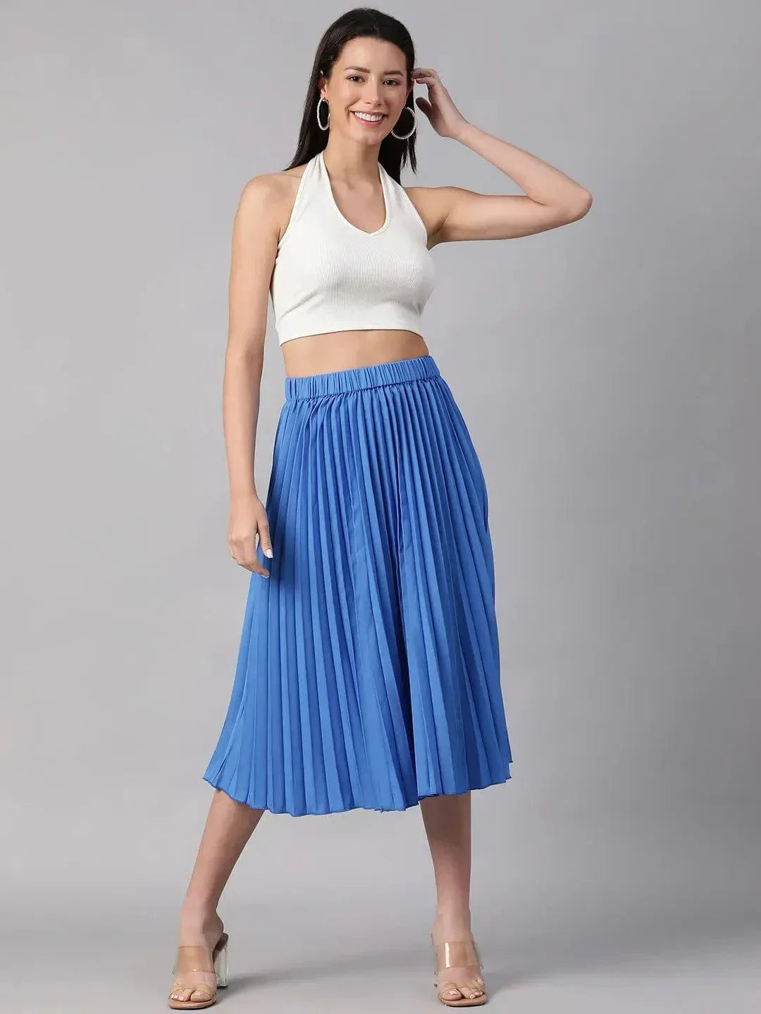 Oceanic Blue Elasticated Pleated Skirt for Comfort - oxolloxo