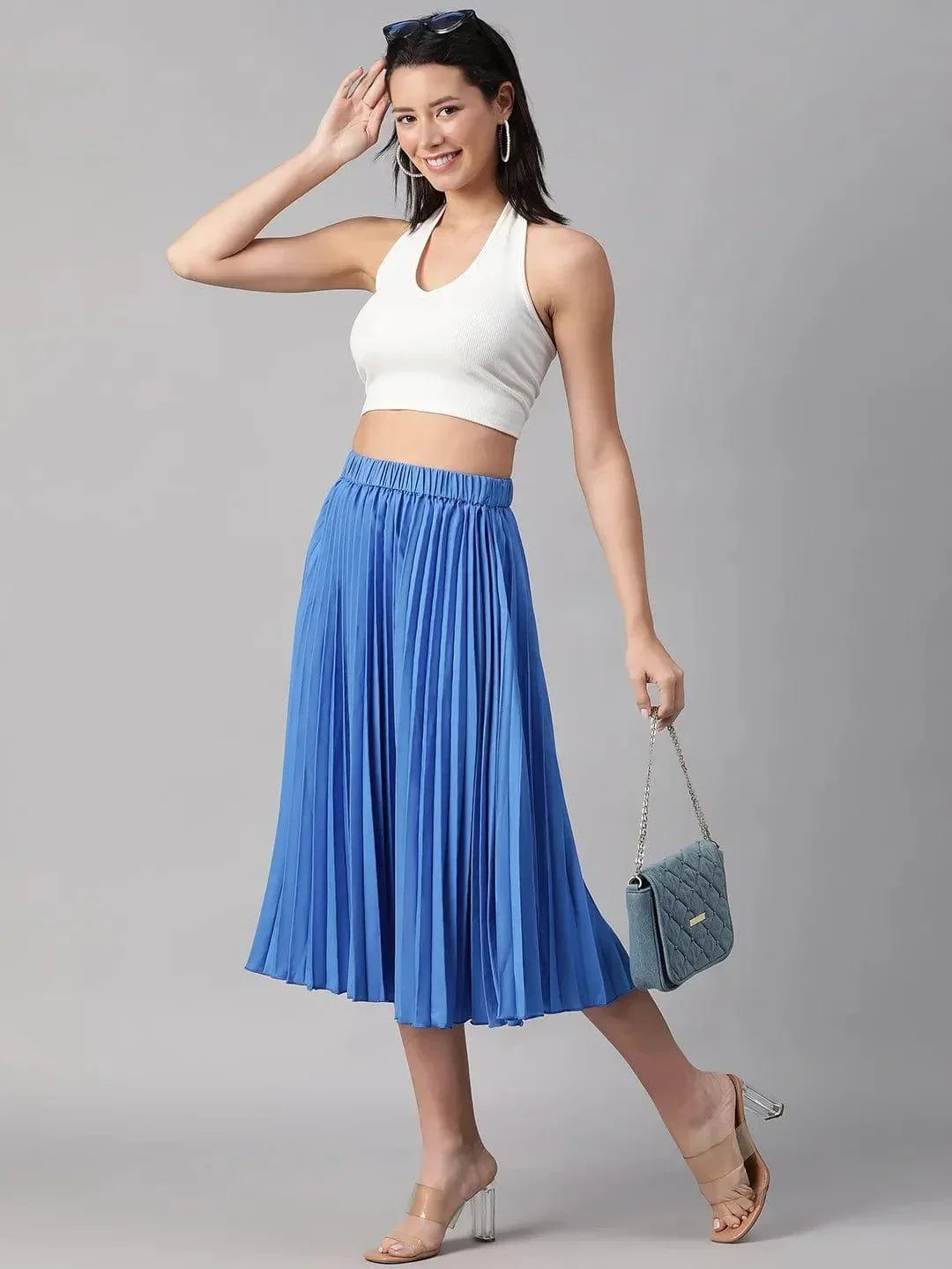Oceanic Blue Elasticated Pleated Skirt for Comfort - oxolloxo