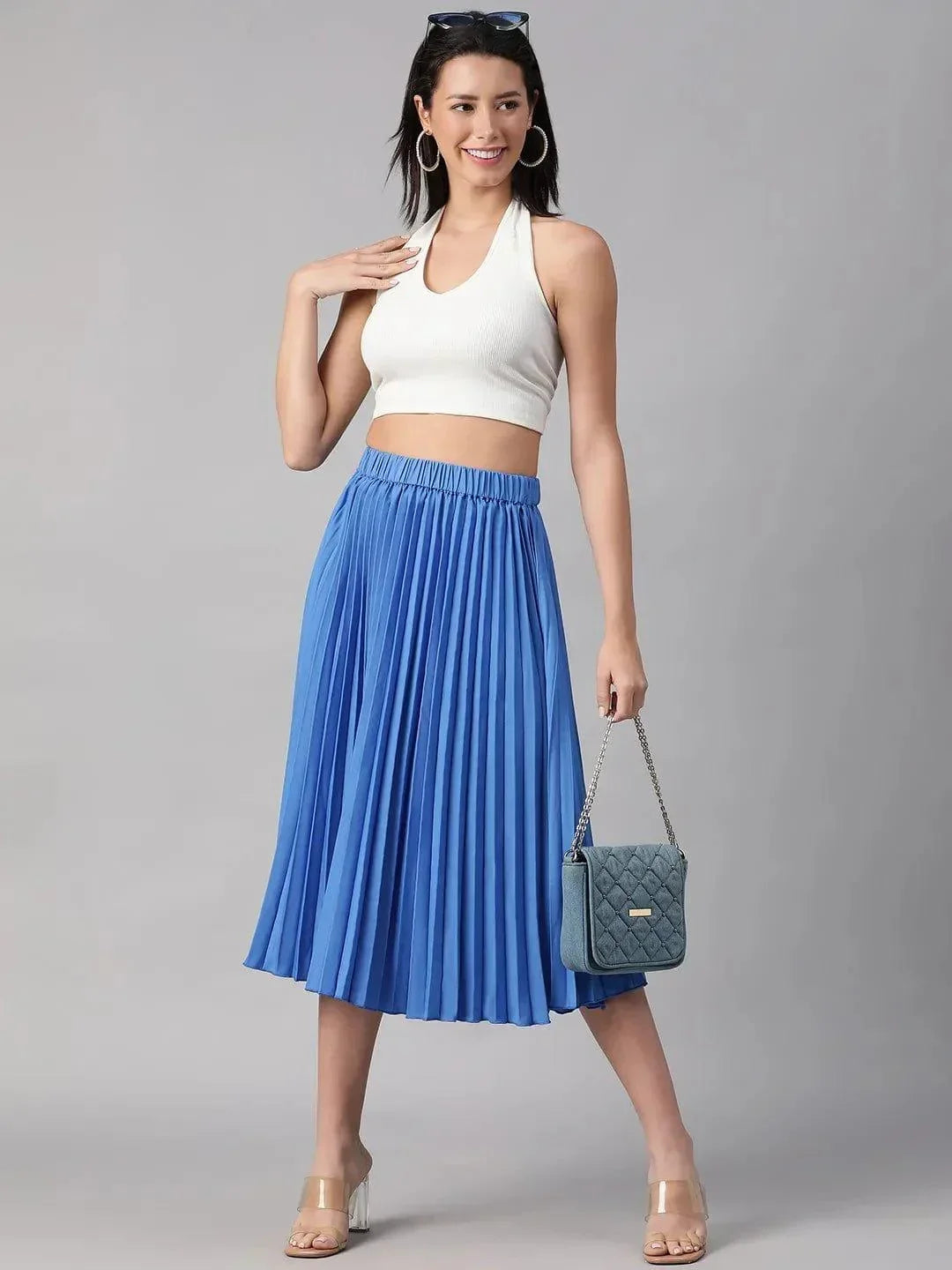 Oceanic Blue Elasticated Pleated Skirt for Comfort - oxolloxo