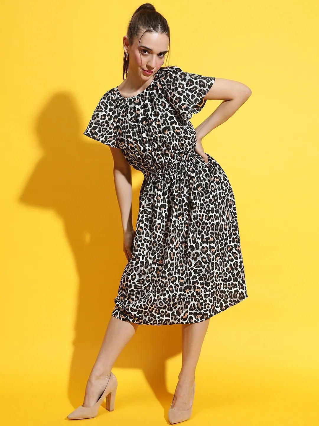 Multicolor Animal Print Short Sleeve Smocked Women Dress - oxolloxo