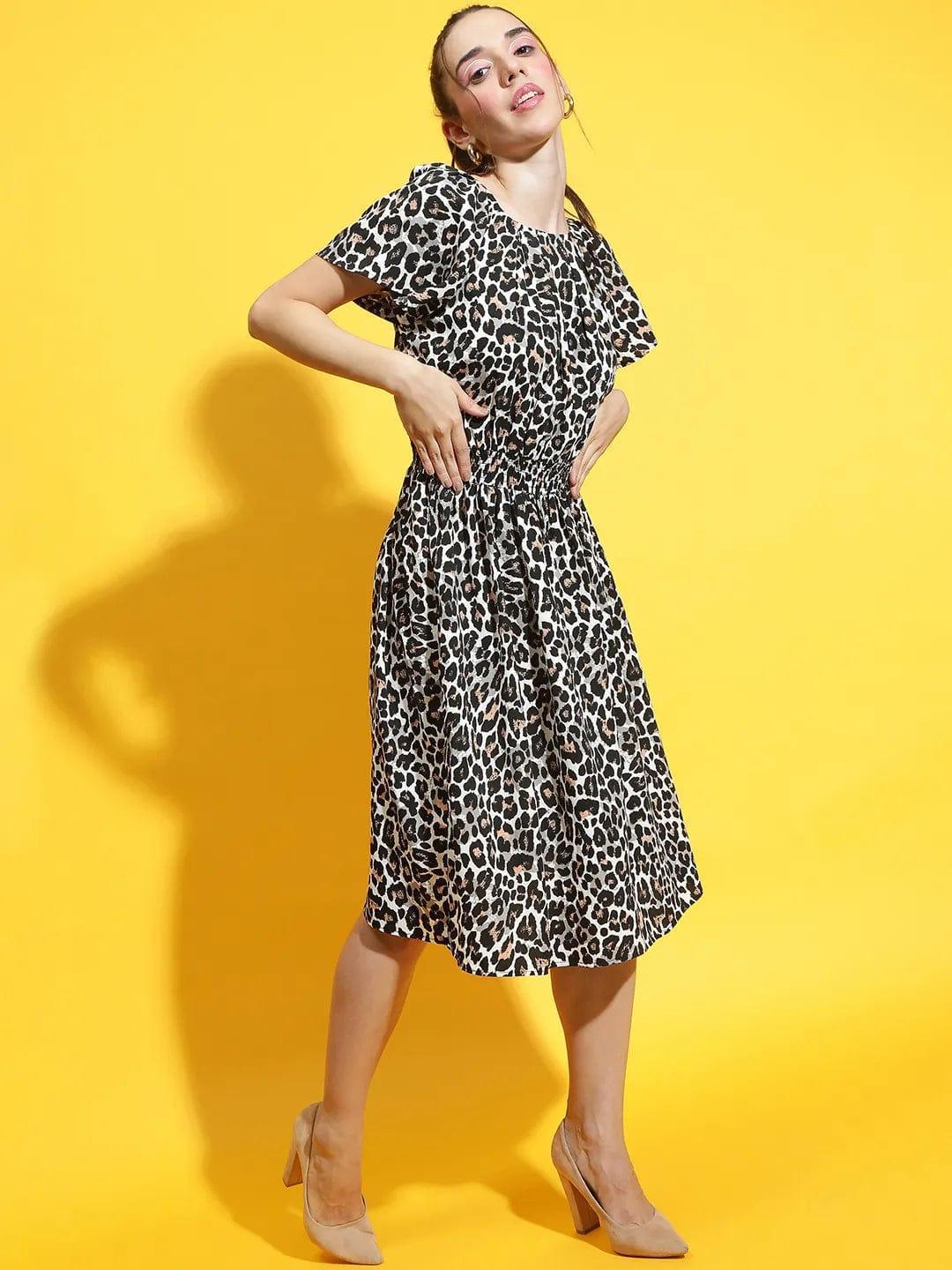 Multicolor Animal Print Short Sleeve Smocked Women Dress - oxolloxo