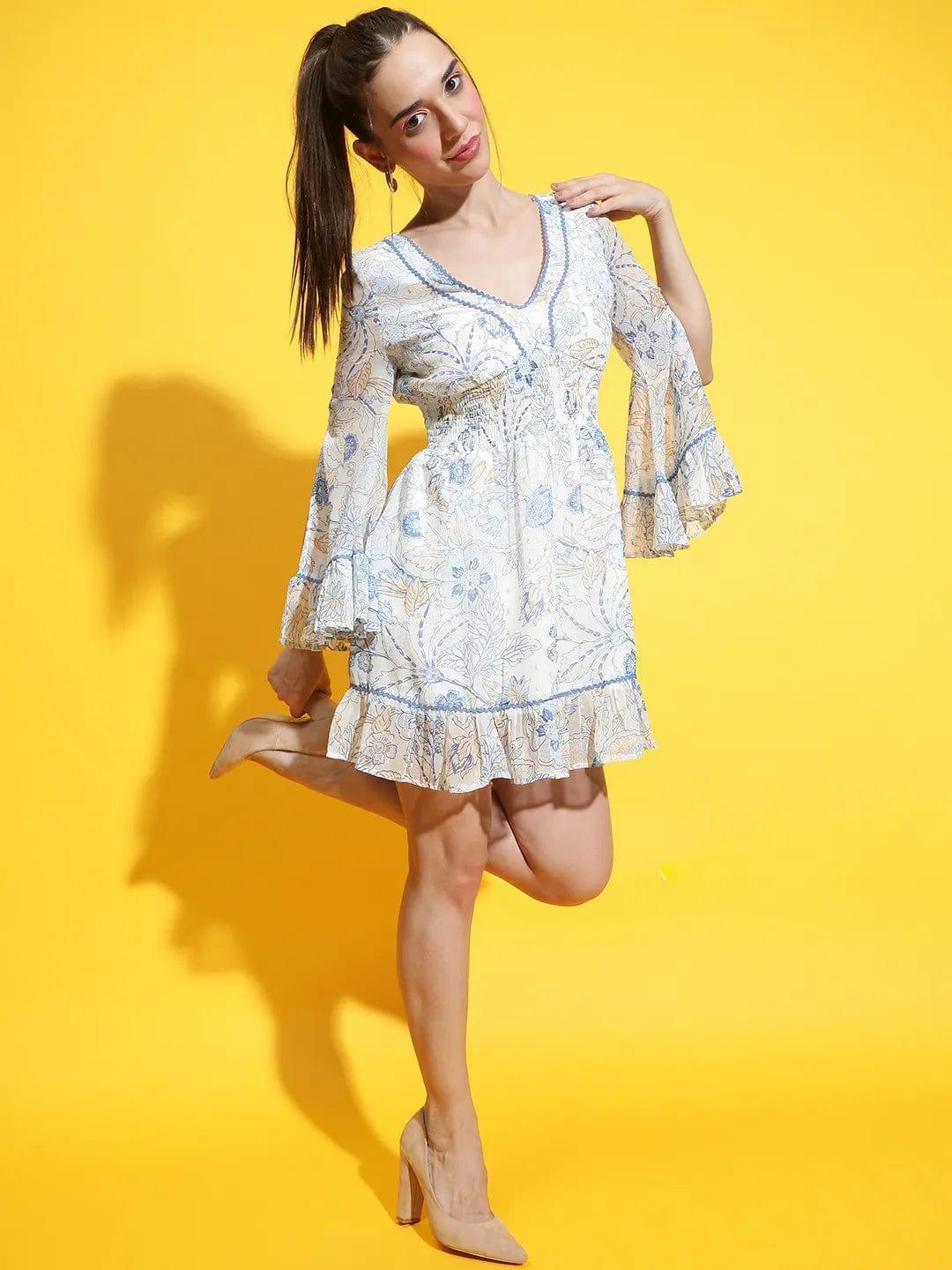 Electric Floral Print White Smocked Lace Detailed Women Dress - oxolloxo