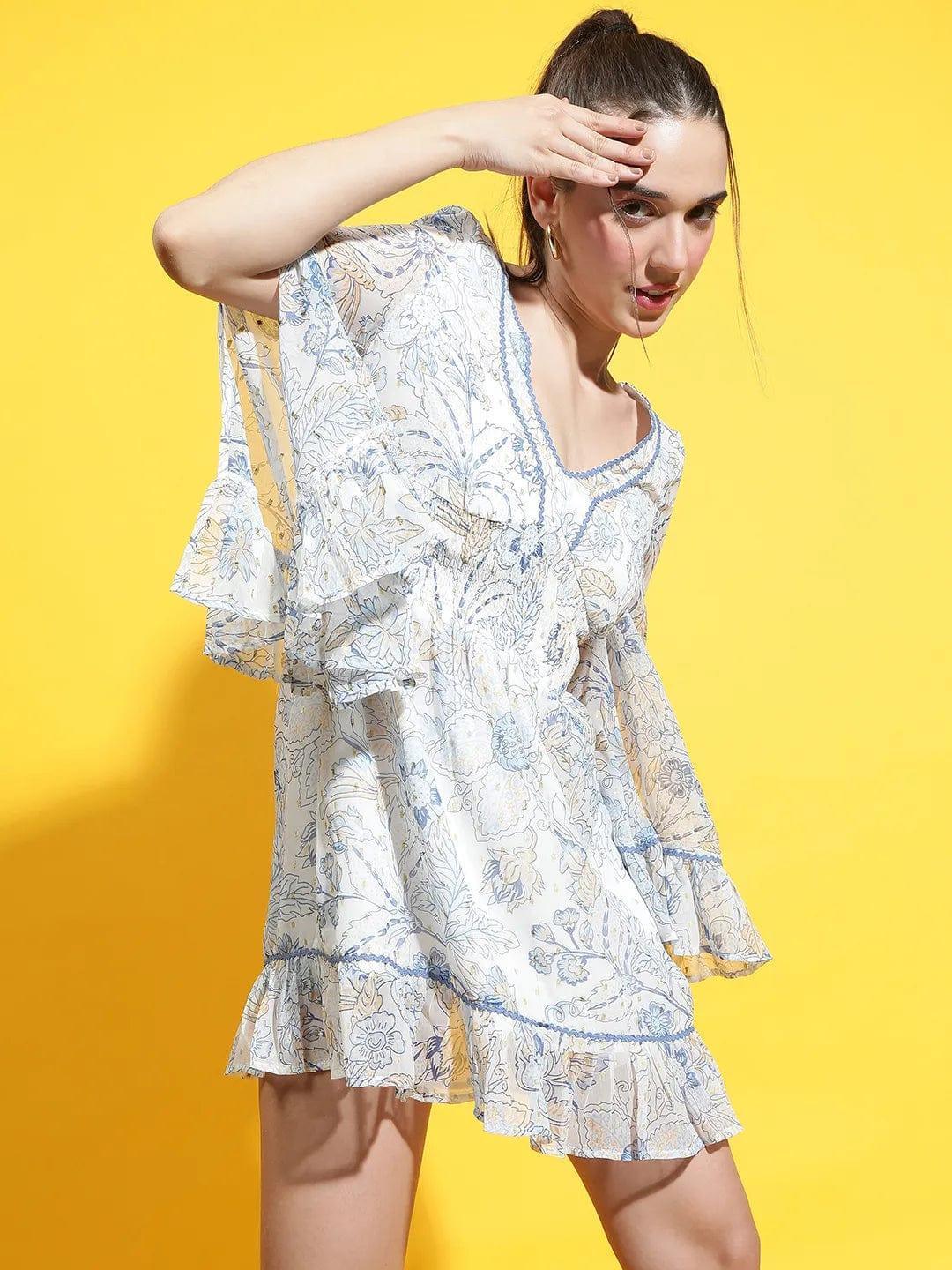 Electric Floral Print White Smocked Lace Detailed Women Dress - oxolloxo