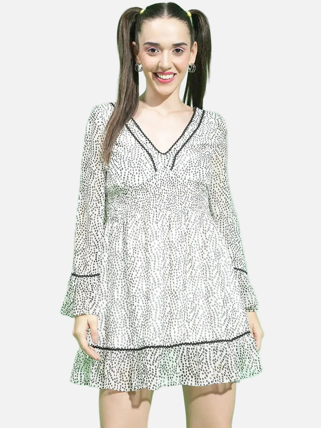 Hot White Dot Print Smocked Lace Detailed Women Dress - oxolloxo