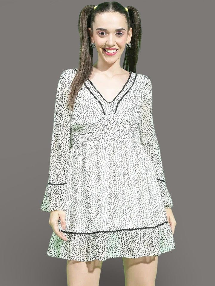 Hot White Dot Print Smocked Lace Detailed Women Dress - oxolloxo