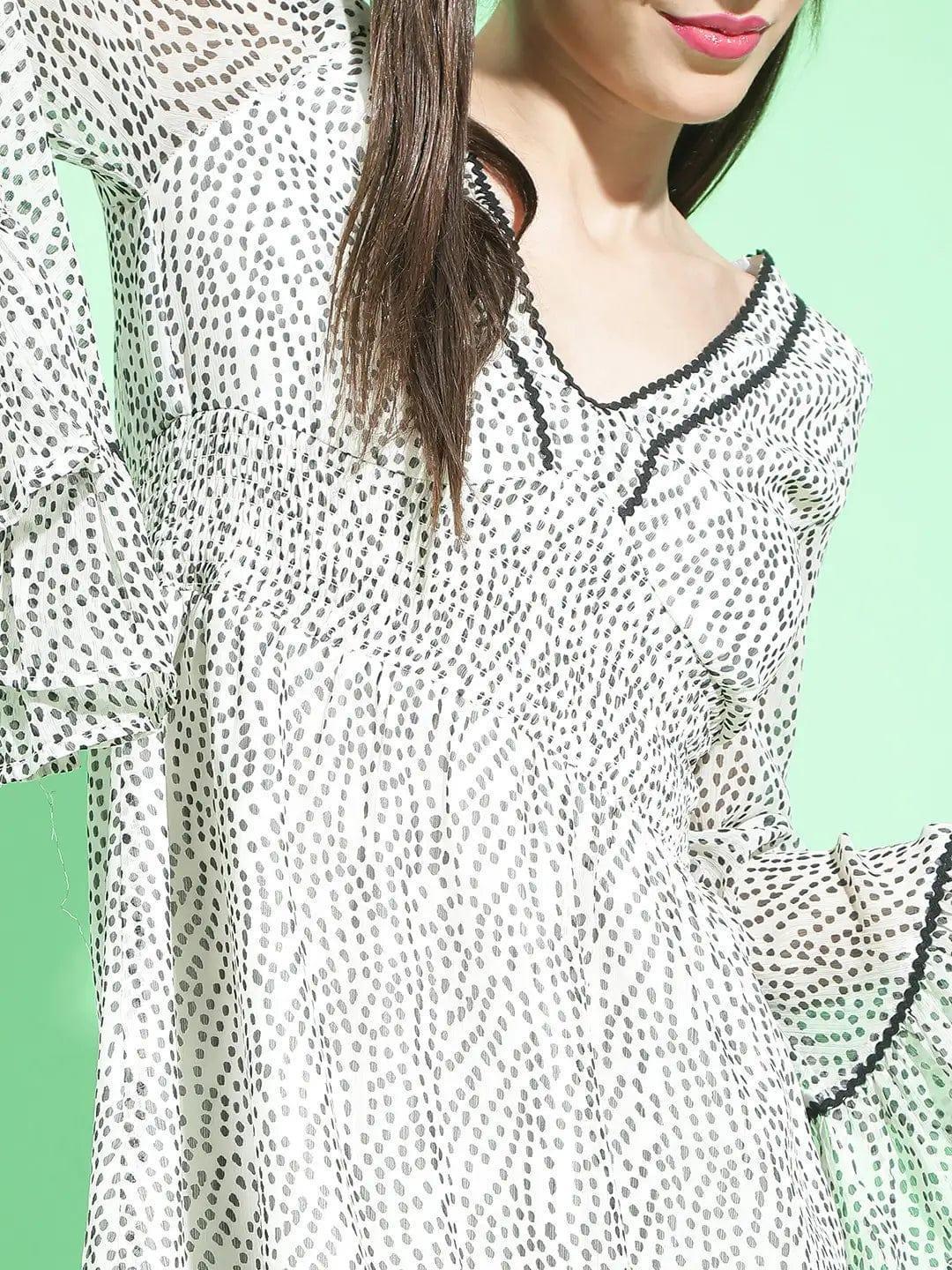 Hot White Dot Print Smocked Lace Detailed Women Dress - oxolloxo